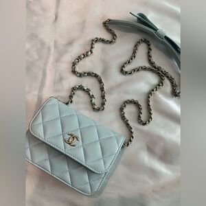 Chanel Micro Crossbody Bag Light Blue Lambskin Coco Bow Clutch Gold Hardware